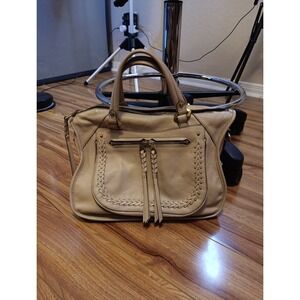 orYANY Beige Pebbled Leather Zipper Pockets Woven Top Handle Satchel Bag